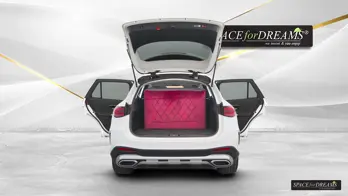 Magic Rosé car mattress quickly packed into a stylish custom bag, ensuring easy storage inside the Mercedes GLC.
