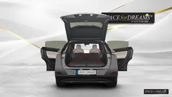 The practical grey Bed for car - SPACEBED® is neatly packed in the Xpeng G6 right near the installed Leveling System S4D.